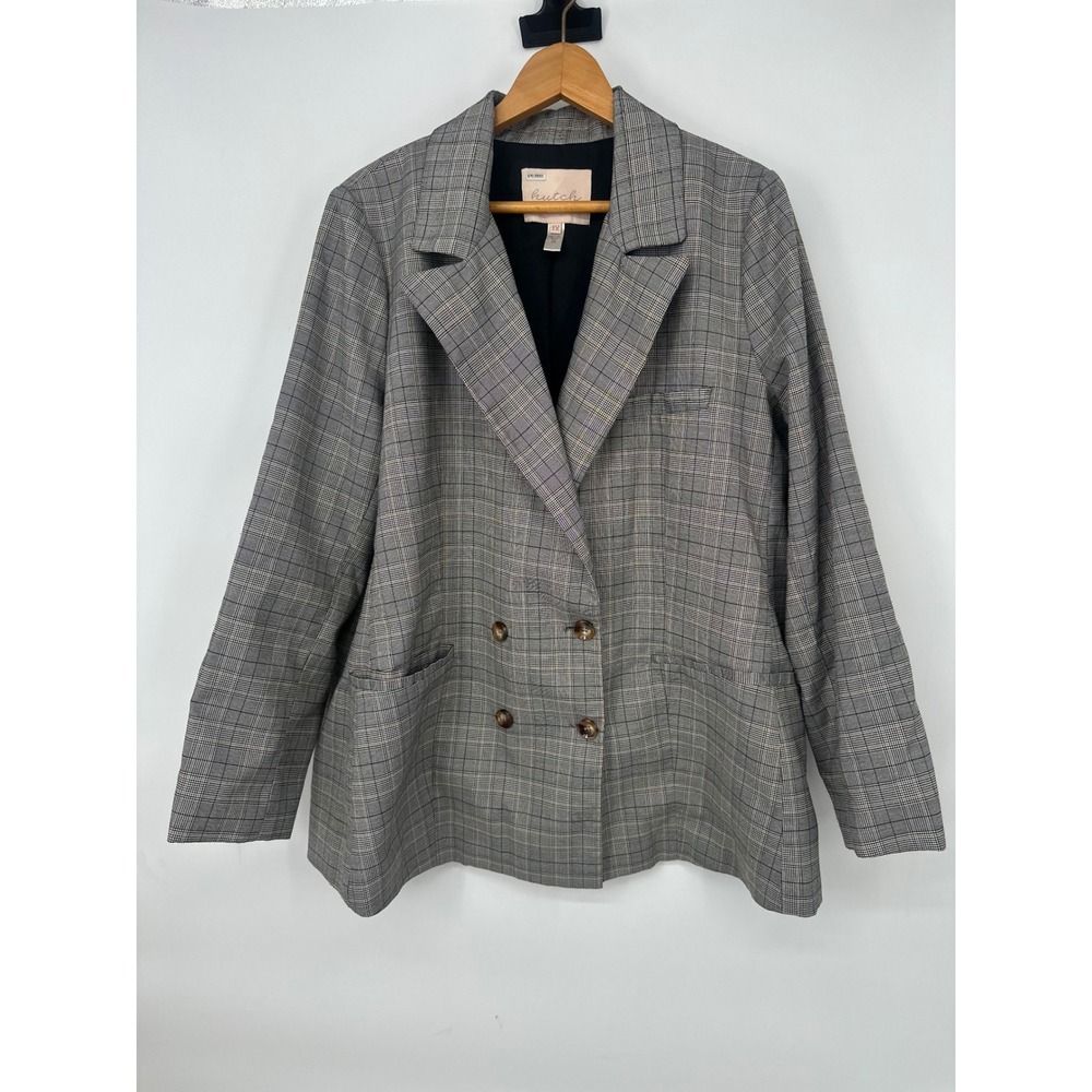 Hutch Blazer Jacket Womens 1X Grey Plaid Career Academia Preppy Office Classic